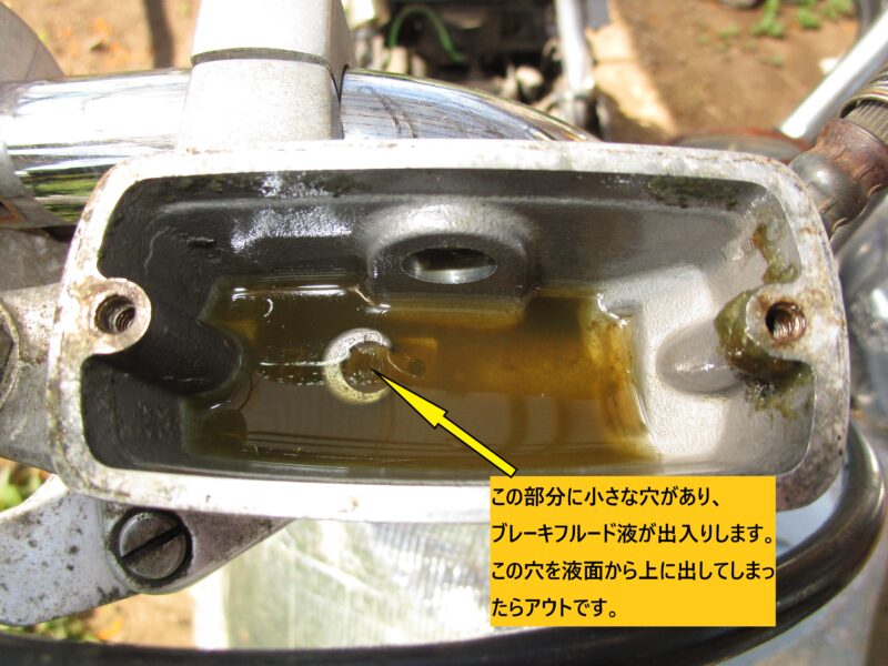 ホンダ・ジョーカー90 ディスクブレーキのブレーキフルード液確認窓の交換　ブレーキフルード液を抜く時の、注意事項説明画像