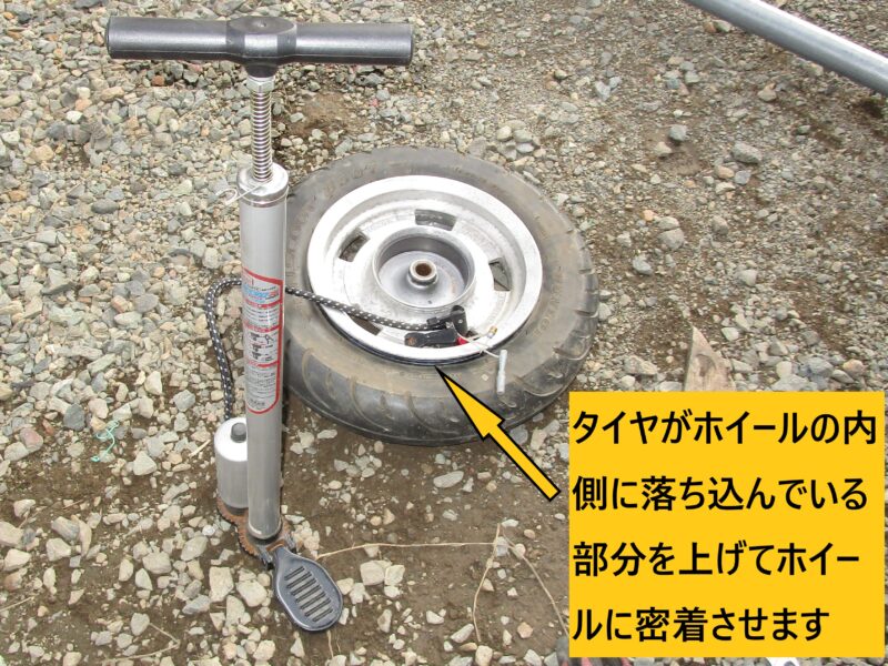 タイヤのビート上げを手動ポンプで行っている画像
